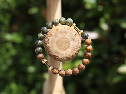 Uncommon Strong Serpentine bracelet with unique Elephant Skin Jasper beads.  helping you to feel more in control of your life