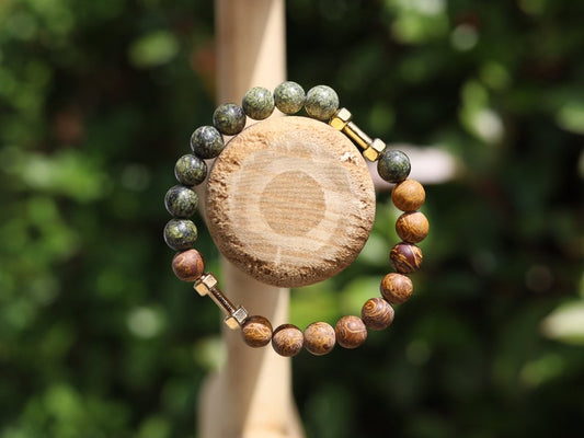 Uncommon Strong Serpentine bracelet with unique Elephant Skin Jasper beads.  helping you to feel more in control of your life
