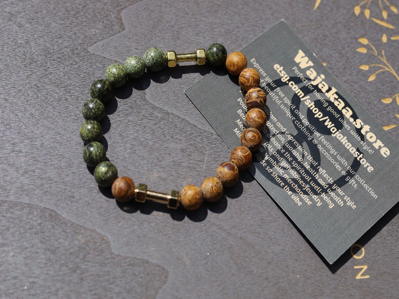 Uncommon Strong Serpentine bracelet with unique Elephant Skin Jasper beads.  helping you to feel more in control of your life