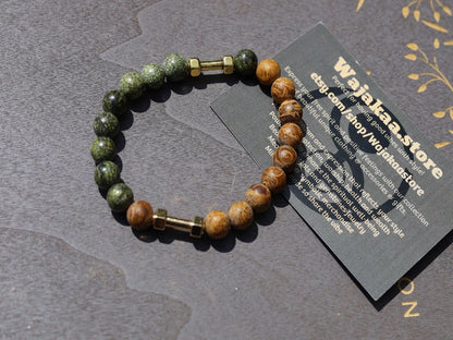Uncommon Strong Serpentine bracelet with unique Elephant Skin Jasper beads.  helping you to feel more in control of your life