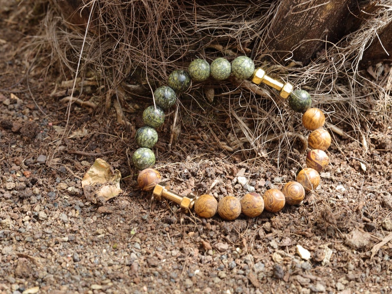 Uncommon Strong Serpentine bracelet with unique Elephant Skin Jasper beads.  helping you to feel more in control of your life