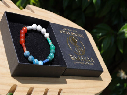 8 gemstones bracelet. Magnesite, Carnelian, Red Sea Sediment Jasper, Apatite. Jasper Cerise, Red Netstone, Dark Turquoise, Jasper Slate Blue