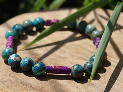 Fashionable tube gemstones bracelet with Turquoise Sea Sediment Jasper and Tubes 4x Natural purple Imperial Jasper.