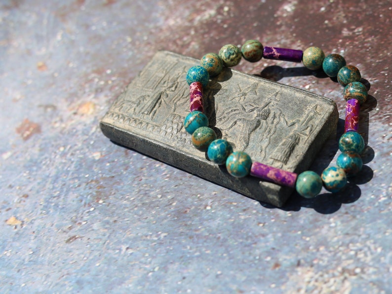 Fashionable tube gemstones bracelet with Turquoise Sea Sediment Jasper and Tubes 4x Natural purple Imperial Jasper.
