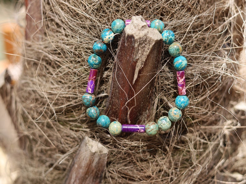 Fashionable tube gemstones bracelet with Turquoise Sea Sediment Jasper and Tubes 4x Natural purple Imperial Jasper.