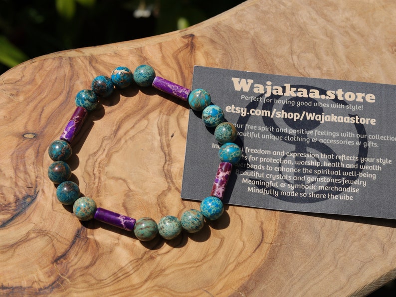 Fashionable tube gemstones bracelet with Turquoise Sea Sediment Jasper and Tubes 4x Natural purple Imperial Jasper.