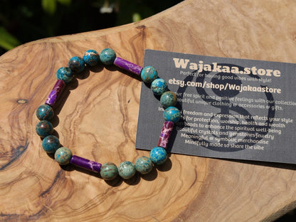 Fashionable tube gemstones bracelet with Turquoise Sea Sediment Jasper and Tubes 4x Natural purple Imperial Jasper.