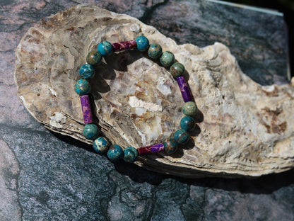 Fashionable tube gemstones bracelet with Turquoise Sea Sediment Jasper and Tubes 4x Natural purple Imperial Jasper.