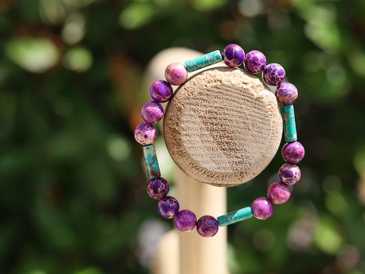 Modish  tube gemstones bracelet with purple Sea Sediment Jasper and Tubes 4x Turquoise Sea Sediment Jasper.