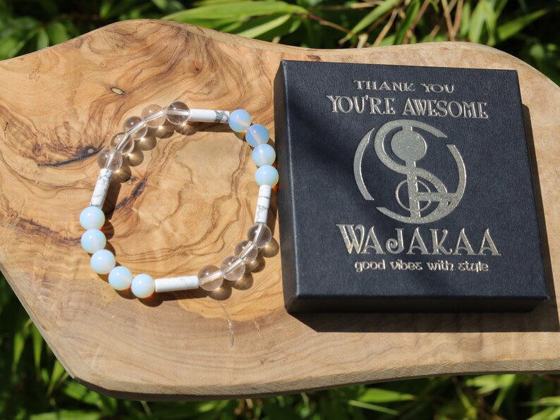 Trendy tube gemstones bracelet with Opalite with Rockcrystal and Tubes 4x Natural Howlite  beads.