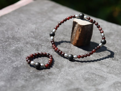 SET Bracelet & Ring made from Natural Garnet Beads 4~4.5mm. Combined with SHUNGITE and Stainless Steel Spacer Beads, Barrel beads.