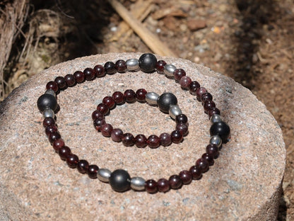 SET Bracelet & Ring made from Natural Garnet Beads 4~4.5mm. Combined with SHUNGITE and Stainless Steel Spacer Beads, Barrel beads.