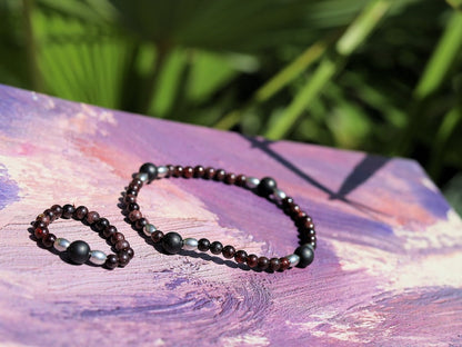 SET Bracelet & Ring made from Natural Garnet Beads 4~4.5mm. Combined with SHUNGITE and Stainless Steel Spacer Beads, Barrel beads.