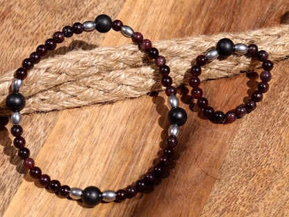 SET Bracelet & Ring made from Natural Garnet Beads 4~4.5mm. Combined with SHUNGITE and Stainless Steel Spacer Beads, Barrel beads.