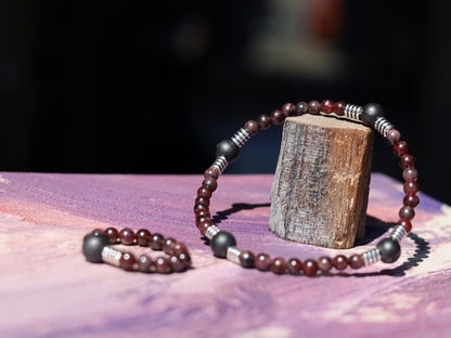 SET Bracelet & Ring made from Natural Garnet Beads 4~4.5mm. Combined with SHUNGITE and Stainless Steel Spacer Beads, Barrel beads.