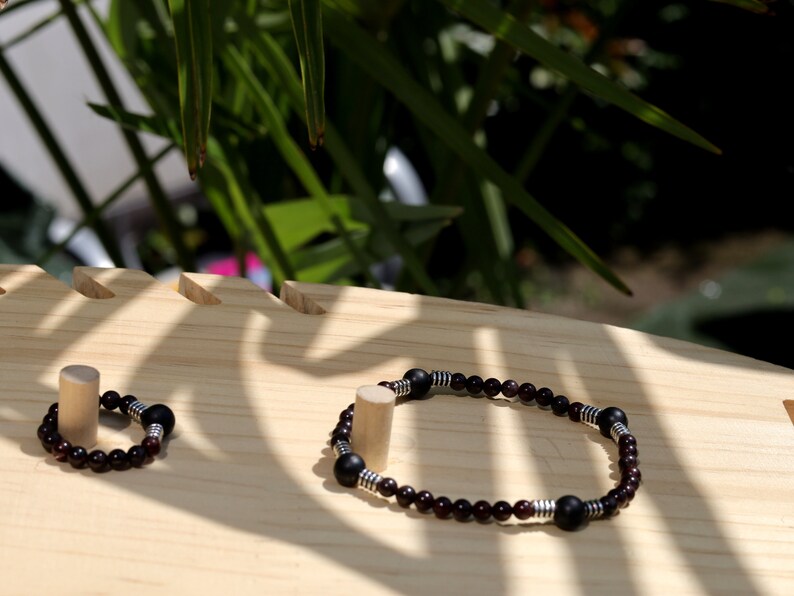 SET Bracelet & Ring made from Natural Garnet Beads 4~4.5mm. Combined with SHUNGITE and Stainless Steel Spacer Beads, Barrel beads.