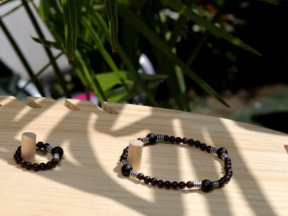 SET Bracelet & Ring made from Natural Garnet Beads 4~4.5mm. Combined with SHUNGITE and Stainless Steel Spacer Beads, Barrel beads.