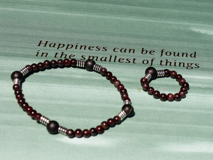 SET Bracelet & Ring made from Natural Garnet Beads 4~4.5mm. Combined with SHUNGITE and Stainless Steel Spacer Beads, Barrel beads.