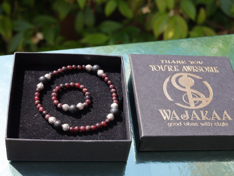 SET Bracelet & Ring made from Natural Garnet Beads 4~4.5mm. Combined with SHUNGITE and Silver Plated Spacer Beads, Tribal Beads