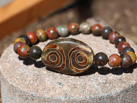 LIMITED EDITION Authentic 4-Eye dZi Beads. This precious bead is strung with new Natural Picasso Stone/Picasso Jasper Beads.