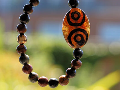 LIMITED EDITION Authentic 4-Eye dZi Beads. This precious bead is strung with new Natural Picasso Stone/Picasso Jasper Beads.