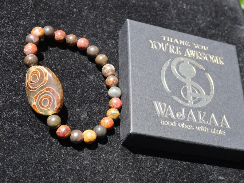 LIMITED EDITION Authentic 4-Eye dZi Beads. This precious bead is strung with new Natural Picasso Stone/Picasso Jasper Beads.