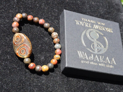 LIMITED EDITION Authentic 4-Eye dZi Beads. This precious bead is strung with new Natural Picasso Stone/Picasso Jasper Beads.