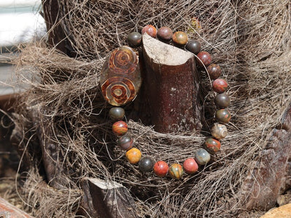LIMITED EDITION Authentic 4-Eye dZi Beads. This precious bead is strung with new Natural Picasso Stone/Picasso Jasper Beads.