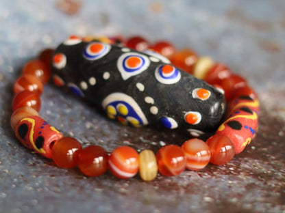 Trade beads jewelry. Natural Stone Striped Red Lace Agates Round Beads with beautiful handmade & hand-painted  powder Glass Kroboland