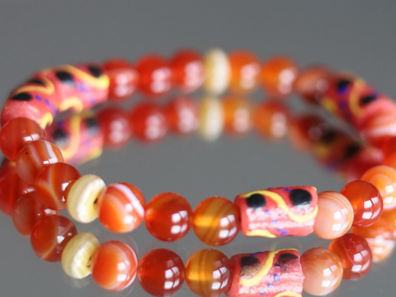 Trade beads jewelry. Natural Stone Striped Red Lace Agates Round Beads with beautiful handmade & hand-painted  powder Glass Kroboland