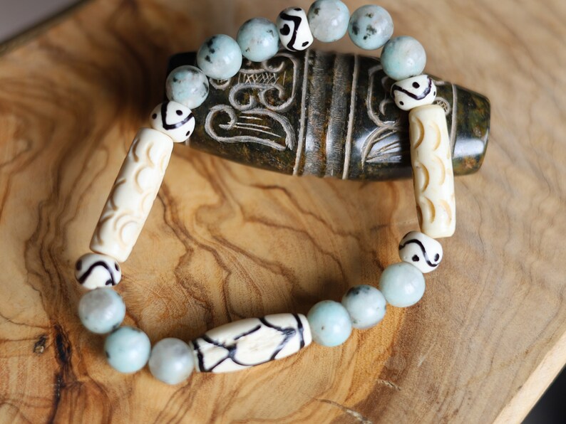 Sesame Jasper/Kiwi Jasper Beads bracelets with Bone gemstone jewelry. To prepare you in facing reality. Haḍīāṁ Jewel winter Collection