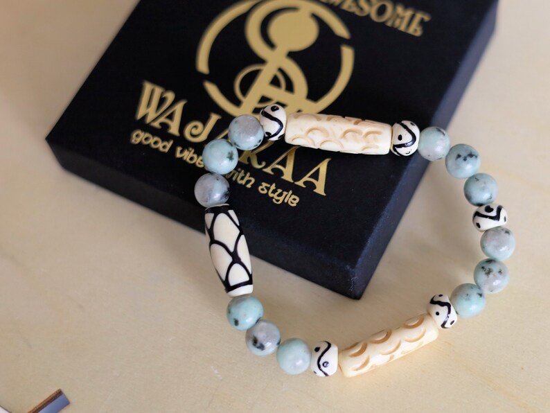 Sesame Jasper/Kiwi Jasper Beads bracelets with Bone gemstone jewelry. To prepare you in facing reality. Haḍīāṁ Jewel winter Collection