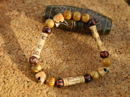 Wood Lace Agate Stone Beaded bracelet with tibetan SKULL beads.Bone Beads are intricate, beautiful and natural. Haḍīāṁ Jewel Collection