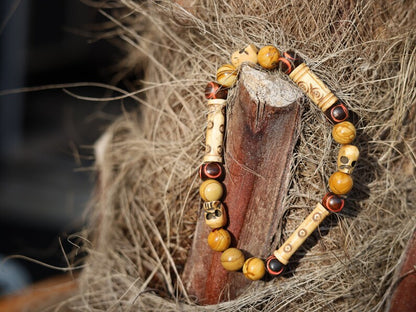 Wood Lace Agate Stone Beaded bracelet with tibetan SKULL beads.Bone Beads are intricate, beautiful and natural. Haḍīāṁ Jewel Collection
