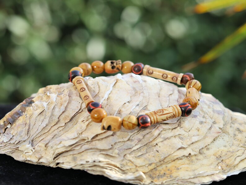 Wood Lace Agate Stone Beaded bracelet with tibetan SKULL beads.Bone Beads are intricate, beautiful and natural. Haḍīāṁ Jewel Collection
