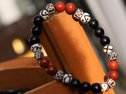 Natural Red Rainbow Jasper Beads with Natural Obsidian bracelet. Bone gemstone jewelry. Haḍīāṁ Jewel winter Collection