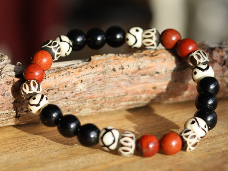 Natural Red Rainbow Jasper Beads with Natural Obsidian bracelet. Bone gemstone jewelry. Haḍīāṁ Jewel winter Collection