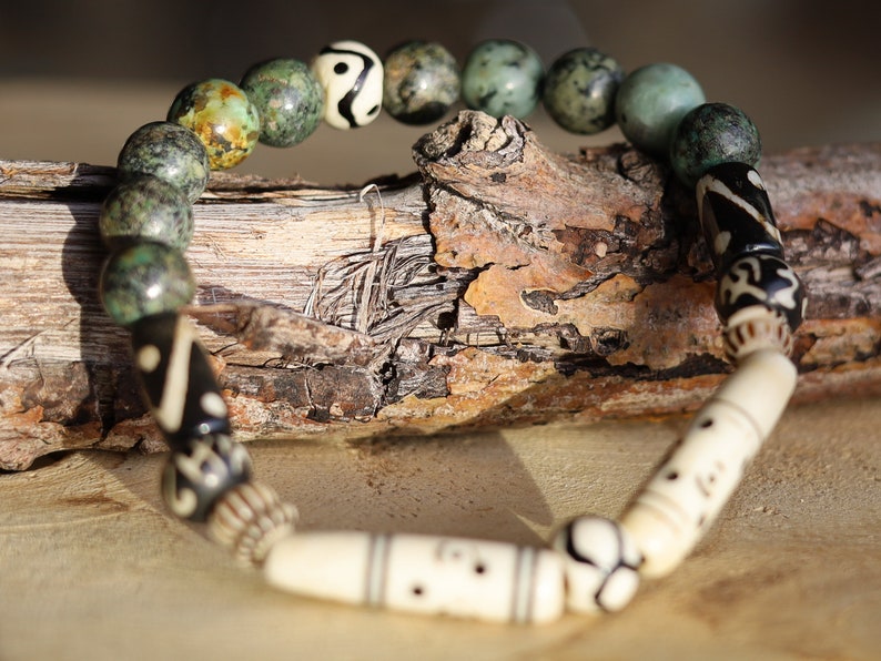 African Turquoise(Jasper) Beads bracelet with handmade Oxbone Tibetan prayerbeads. Haḍīāṁ Jewel winter Collection