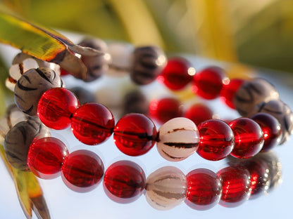 Unique Mexico red blood Amber beeswax beads Certified 10mm combined with Wavy Line Bone Beads: 12mm x 9mm grey & Black Rondelle Spacers.