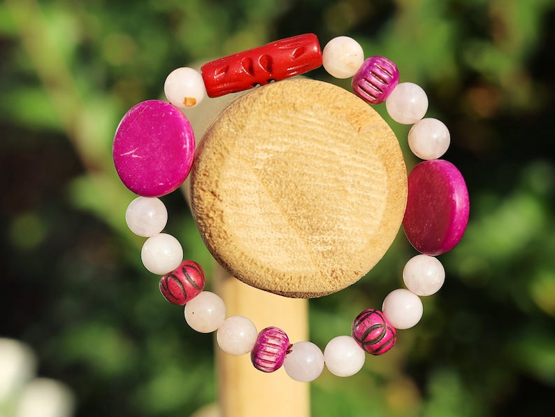 Rose Quartz Beads  Beaded bracelet combined with Mixed Indigo cow bone from India. Bone Beads are intricate, beautiful and natural.