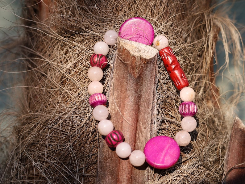 Rose Quartz Beads  Beaded bracelet combined with Mixed Indigo cow bone from India. Bone Beads are intricate, beautiful and natural.