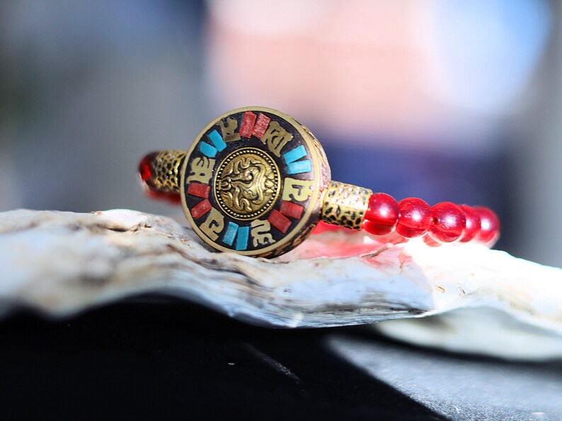 One of a kind Mexico red blood Amber beeswax beads Certified 8mm combined with Antique Nepal Handmade Six-Word Mantra Brass.