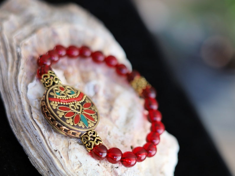 One of a kind Mexico red blood Amber beads Certified 8mm combined with Nepal Handmade Buddha Brass With Synthetic Coral And Turkey Stone