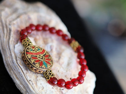 One of a kind Mexico red blood Amber beads Certified 8mm combined with Nepal Handmade Buddha Brass With Synthetic Coral And Turkey Stone