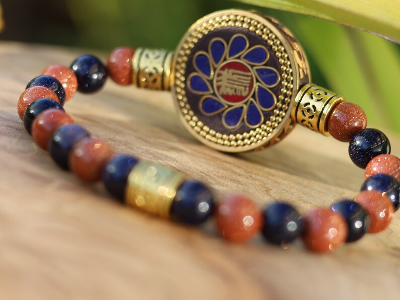 Sparkly bracelet Goldstone beads with Handmade Nepalese Buddhist Tibetan Brass Metal & Clay Loose Craft Bead. Your satisfaction, our pursuit