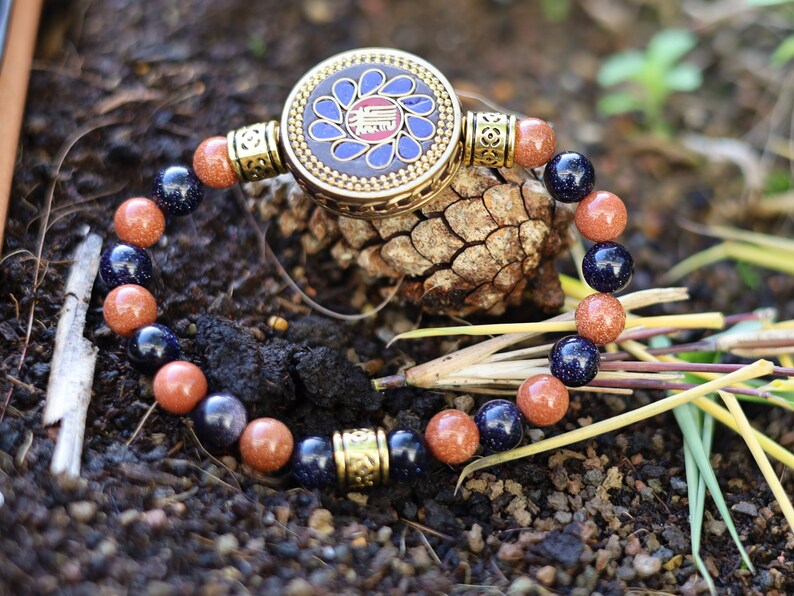 Sparkly bracelet Goldstone beads with Handmade Nepalese Buddhist Tibetan Brass Metal & Clay Loose Craft Bead. Your satisfaction, our pursuit