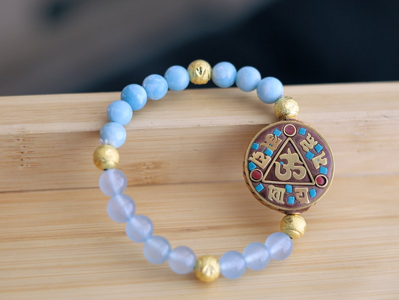 unique Larimar bracelet combined with Brazilian Aquamarine beads. And with handmade Indonesia Beads, with Brass Findings