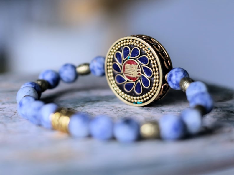 Blue Spot Jasper Beads with Handmade Nepalese Buddhist Tibetan Brass Metal & Clay Loose Craft Bead. Your satisfaction, our pursuit.