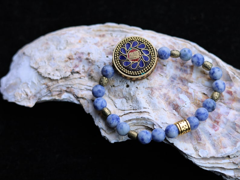 Blue Spot Jasper Beads with Handmade Nepalese Buddhist Tibetan Brass Metal & Clay Loose Craft Bead. Your satisfaction, our pursuit.