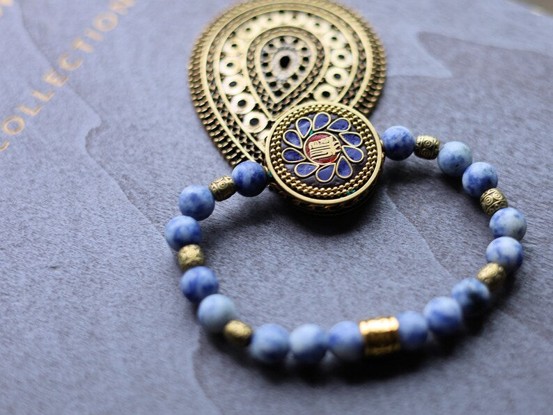 Blue Spot Jasper Beads with Handmade Nepalese Buddhist Tibetan Brass Metal & Clay Loose Craft Bead. Your satisfaction, our pursuit.